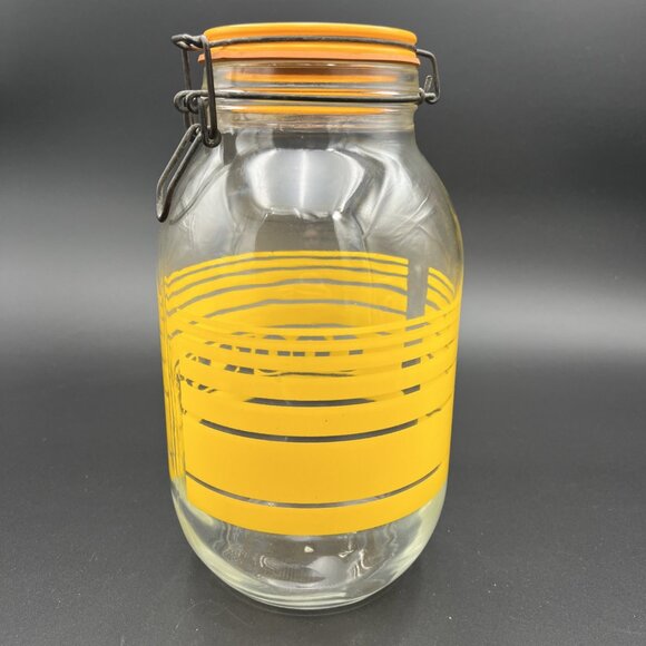 Large Vintage Retro 3L Glass Cookie Jar Yellow Striped France 1970s VG to EUC - Picture 6 of 16